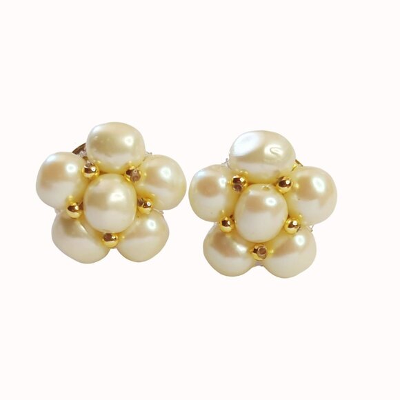 Vintage Faux Pearl Cluster Earrings Gold-Tone Accents - Picture 1 of 5